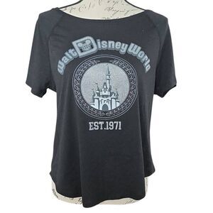 Disney Women's Size Large Black Silver Glitter Walt Disney World Castle T-Shirt